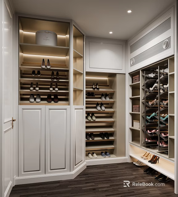 Modern Walk In Closet Design With Shoes Storage And Cabinets 3d model 