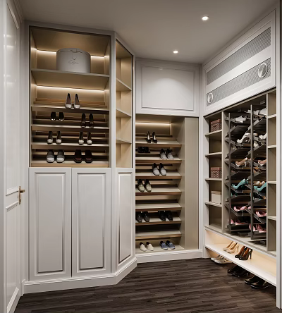 Modern Walk In Closet Design With Shoes Storage And Cabinets 3d model