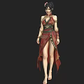 Woman In Gorgeous Red Long Dress With Gold Patterns High Slit And Arm Decorations