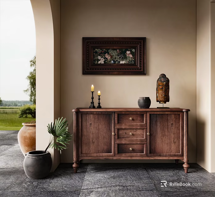 Rustic Wooden Console Sideboard With Decorative Painting Candles Vase And Plant 3d model 