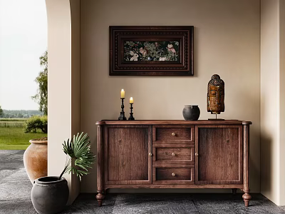 Rustic Wooden Console Sideboard With Decorative Painting Candles Vase And Plant 3d model