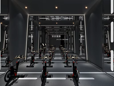 Modern Fitness Gym With Spin Bikes Mirrored Walls And Bright Lighting 3d model