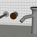 Stainless Steel Kitchen Faucet Against White Grid Tile Wall And Speckled Countertop