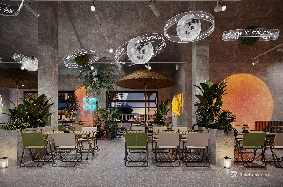 Modern Industrial Style Restaurant Open Space With Green Plants Moon Decorations Umbrellas And Orange Walls 3d model 