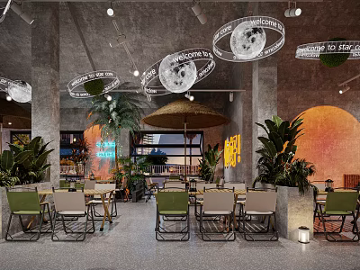 Modern Industrial Style Restaurant Open Space With Green Plants Moon Decorations Umbrellas And Orange Walls 3d model