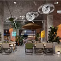 Modern Industrial Style Restaurant Open Space With Green Plants Moon Decorations Umbrellas And Orange Walls