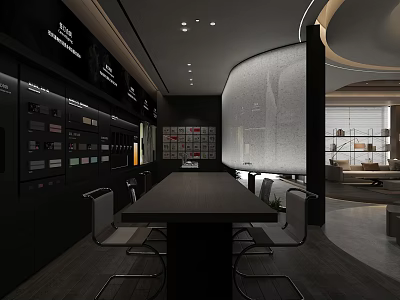 Modern Minimalist Retail Store Interior With Dark Display Cabinets Long Table And Recessed Lighting 3d model