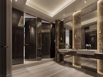 Elegant Modern Public Restroom Interior With Marble Mirrors Washbasins And Lighting 3d model