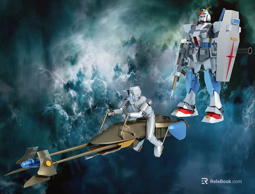 Large And Small Robot Models In Space Scene With Starry Cloudy Background 3d model 