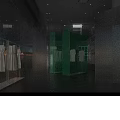 Modern Clothing Store Interior Design With Transparent Display Cases Blue Green Partitions And Hanging Clothes