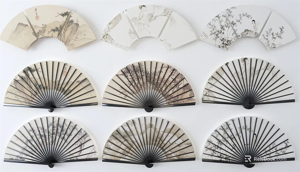 Decorative Fans As Wall Decor With Traditional Artistic Patterns And Classic Styles 3d model 