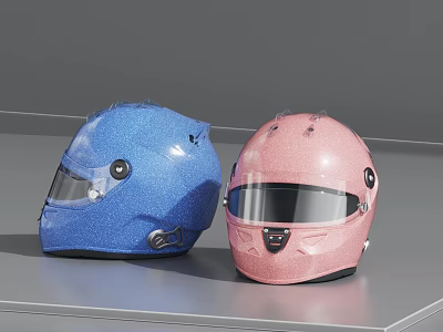 Two Glossy Blue And Pink Motorcycle Racing Helmets With Visors On Gray Surface 3d model