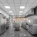 Commercial Kitchen With Stainless Steel Refrigerators Worktables Sinks White Tiled Walls And Metal Shelving Racks