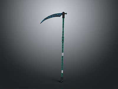 Ancient Fantasy Scythe With Green Decorative Long Handle And Blue Sharp Blade Design 3d model