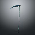 Ancient Fantasy Scythe With Green Decorative Long Handle And Blue Sharp Blade Design