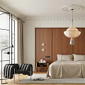 Cozy Bedroom Interior With Wooden Headboard Wall Pendant Lamp Beige Bedding Nightstands And Area Rug