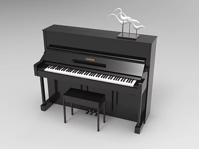 Black Upright Yamaha Musical Instrument Piano With Matching Bench And Decorative Birds 3d model
