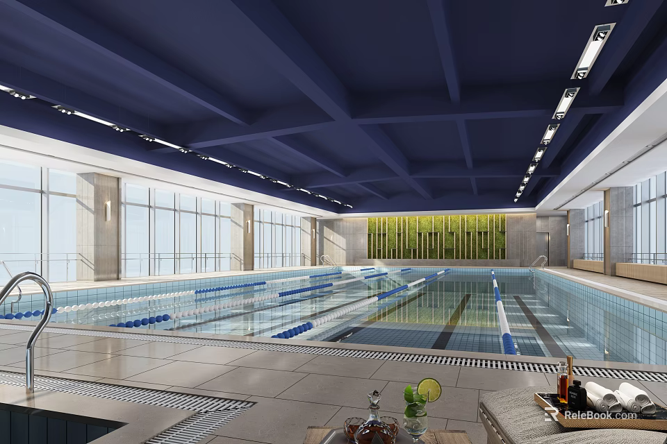 Indoor Swimming Pool Featuring Blue Ceiling Large Windows Swim Lane Lines Lounge Area Sofa Drinks 3d model 
