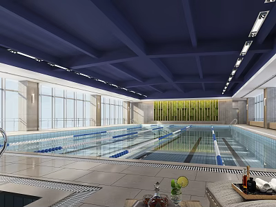 Indoor Swimming Pool Featuring Blue Ceiling Large Windows Swim Lane Lines Lounge Area Sofa Drinks 3d model