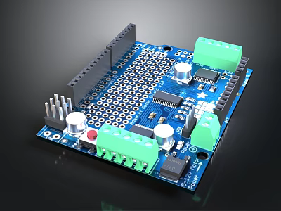 Blue Electronic Circuit Board With Green Terminals Silver Knobs Black Chips And Components 3d model