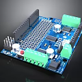 Blue Electronic Circuit Board With Green Terminals Silver Knobs Black Chips And Components