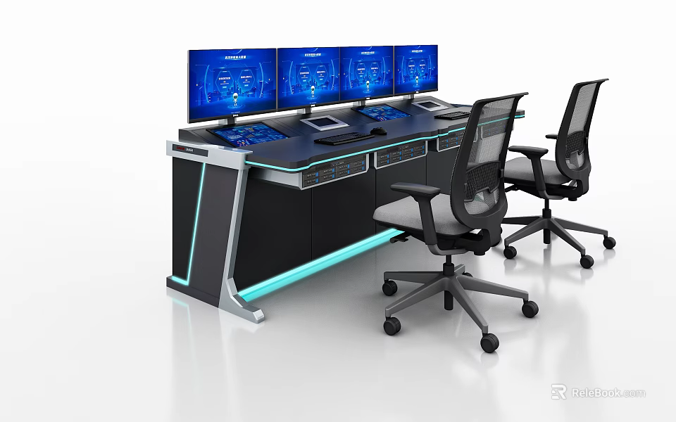 Functional Work Desk with Multiple Blue Monitors Two Ergonomic Chairs and Blue LED Strip 3d model 