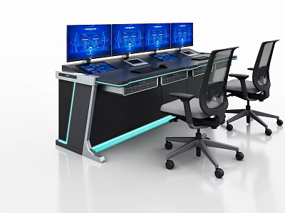 Functional Work Desk with Multiple Blue Monitors Two Ergonomic Chairs and Blue LED Strip 3d model
