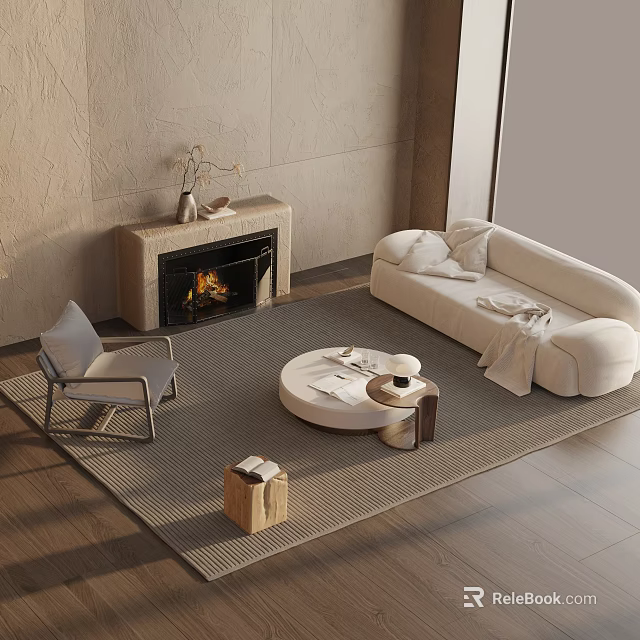 Modern Minimalist Sofa and Coffee Table Set with Fireplace Accent Chair and Area Rug 3d model 