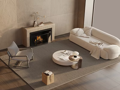 Modern Minimalist Sofa and Coffee Table Set with Fireplace Accent Chair and Area Rug 3d model