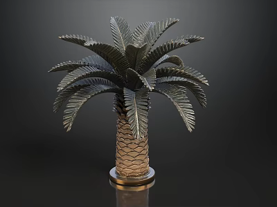 3D Model Decorative Palm Tree with Brown Textured Trunk and Gold Base 3d model