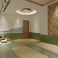 Serene Japanese Style SPA Sauna Interior With Bamboo Grille Landscape Painting And Tatami Seats