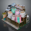 Modern Storage Solution With Stacked Colorful Fabric Bags And Containers On Wooden Base