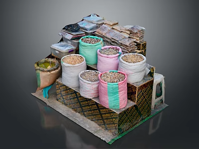 Modern Storage Solution With Stacked Colorful Fabric Bags And Containers On Wooden Base 3d model