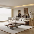 Modern Living Room Interior With Beige Sofa Pillows Wooden Coffee Table And Decorative Paintings