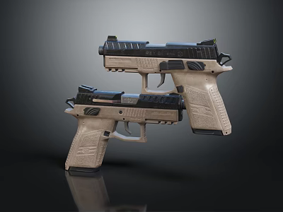 Two Beige Black Tactical Pistols With Grip Texture Rail System Sights On Dark Background 3d model