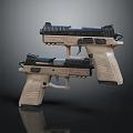 Two Beige Black Tactical Pistols With Grip Texture Rail System Sights On Dark Background