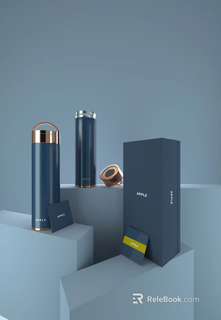 Stylish Dark Blue Thermos Cup With Copper Accents And Packaging Box On Display Stand 3d model 