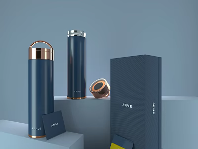 Stylish Dark Blue Thermos Cup With Copper Accents And Packaging Box On Display Stand 3d model
