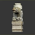 Intricate Ancient Stone Lion Sculpture With Reclining Pose And Carved Pedestal