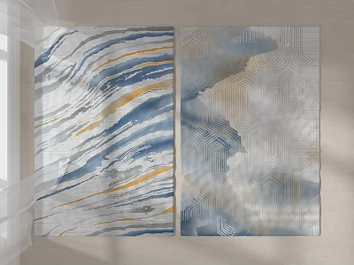 Modern Square Rugs With Wavy And Geometric Patterns In Blue White Gray And Gold Tones 3d model