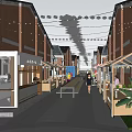 Charming Commercial Street with Red Brick Buildings Black Roofs Stalls Awnings and Pedestrians