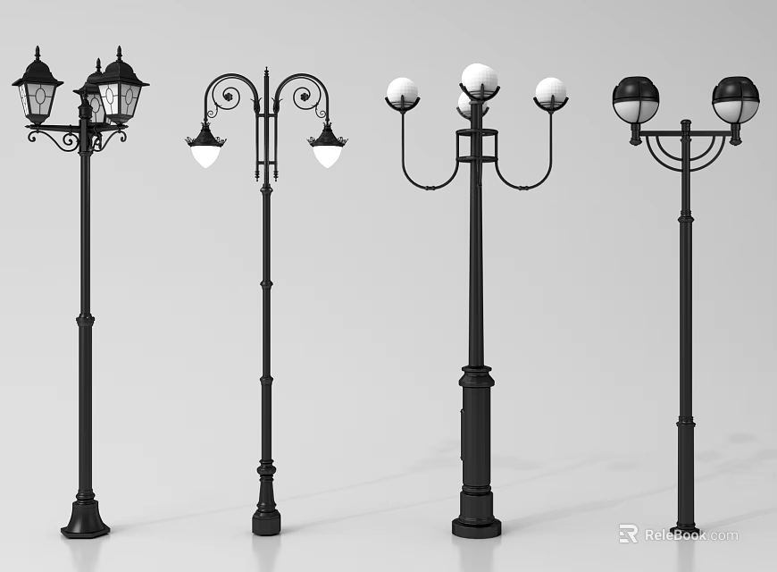Outdoor Lights With Vintage And Modern Styles Black Metal Street Garden Lamps Multiple Heads 3d model 