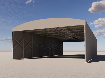 Large Gray Tent with Metal Frame Structure in Open Sandy Area Under Blue Sky 3d model
