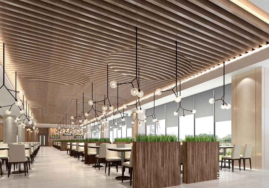Modern Restaurant Interior With Wooden Ceiling Pendant Lights Long Tables And Green Plant Partitions 3d model 