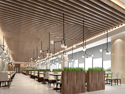 Modern Restaurant Interior With Wooden Ceiling Pendant Lights Long Tables And Green Plant Partitions 3d model