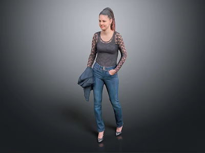 Fashionable Woman Wearing Gray Lace Sleeve Top Blue Jeans And Heels Holding Jacket 3d model