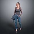 Fashionable Woman Wearing Gray Lace Sleeve Top Blue Jeans And Heels Holding Jacket
