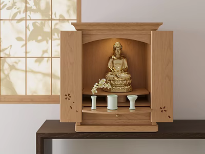 Wooden Buddhist Shrine Cabinet With Open Doors Displaying Golden Buddha Statue Vases Sunlight Through Window 3d model