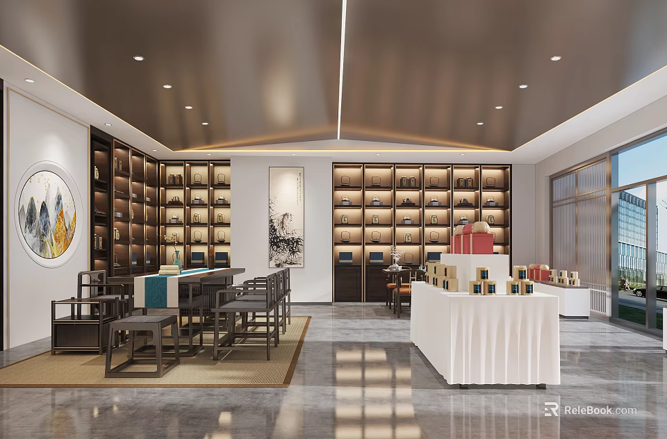 Elegant Chinese Specialty Store Interior With Wooden Shelves Tables Chairs And Display Products 3d model 