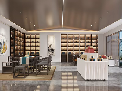 Elegant Chinese Specialty Store Interior With Wooden Shelves Tables Chairs And Display Products 3d model